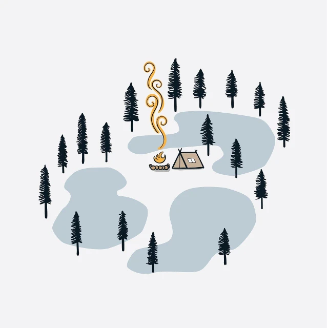 a drawing of a campfire surrounded by trees, an illustration of, simple and clean illustration, winter lake setting, aerial illustration, on simple background