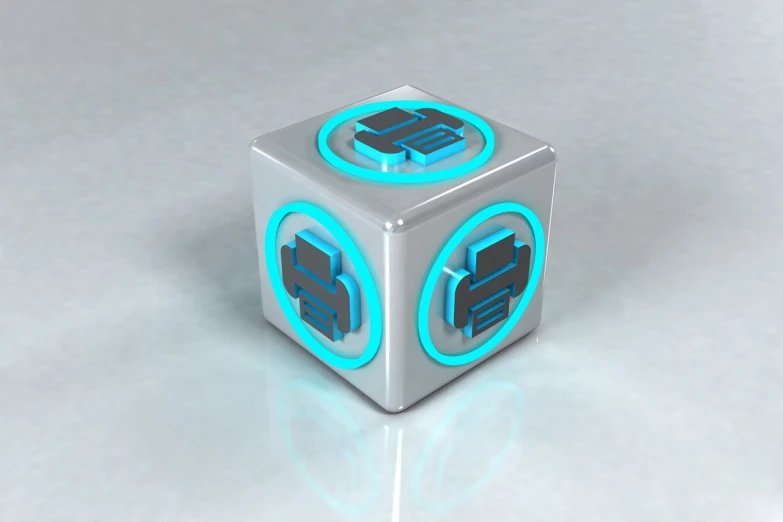 a silver and blue dice sitting on top of a table, a computer rendering, cubo-futurism, icon pack, the cube, awesome, box