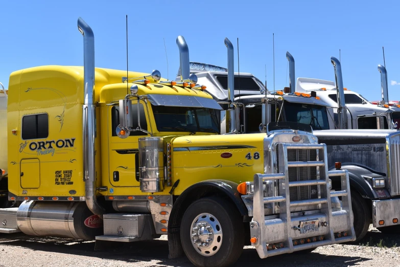 a group of yellow semi trucks parked next to each other, a photo, by Linda Sutton, new mexico, front profile, shiny silver, header