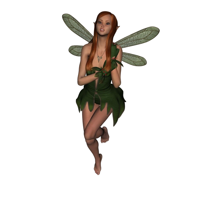 a 3d image of a woman dressed as a fairy, a 3D render, mary jane, with a black background, character is in her natural pose, greenish skin