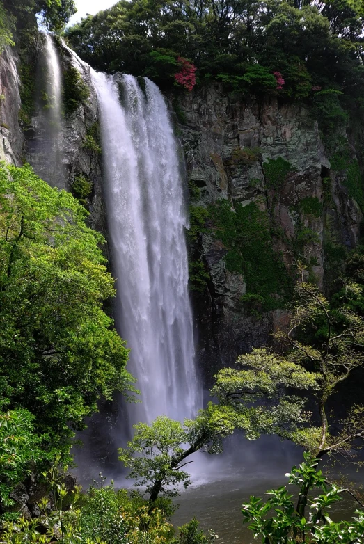 a waterfall in the middle of a lush green forest, by Tadashi Nakayama, flickr, sōsaku hanga, as seen from the canopy, nagasaki, high resolution!!, sao paulo