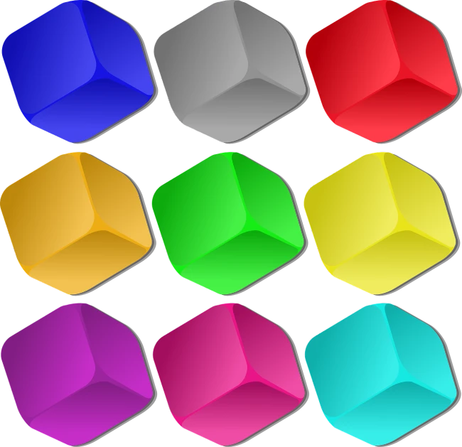 a bunch of different colored cubes on a black background, a digital rendering, flickr, clean cel shaded vector art, rounded shapes, clipart, super detail of each object