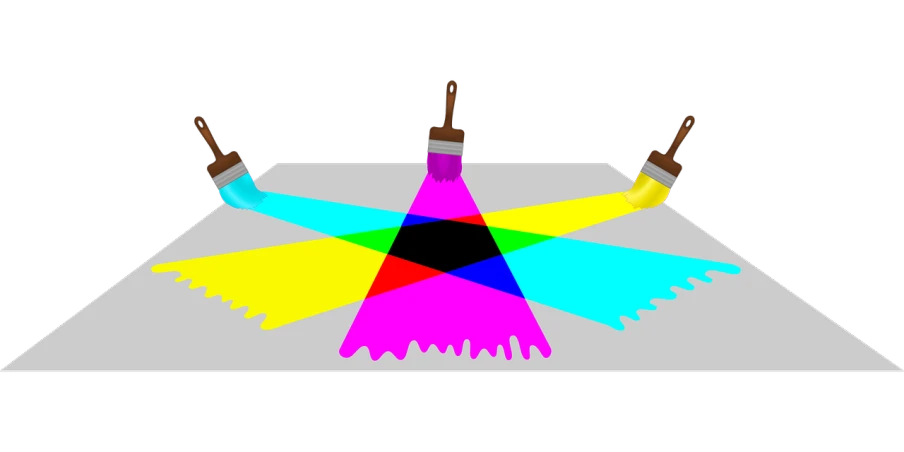 a group of paint brushes sitting on top of a table, a raytraced image, inspired by Otto Piene, polycount, action painting, rainbow diffraction, blender screenshot, ( symmetrical ), ms paint drawing