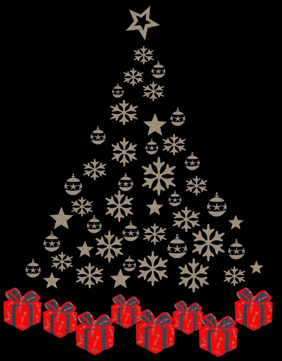 a christmas tree made out of gift boxes, folk art, the background is black, trees and stars background, phone photo, sandy