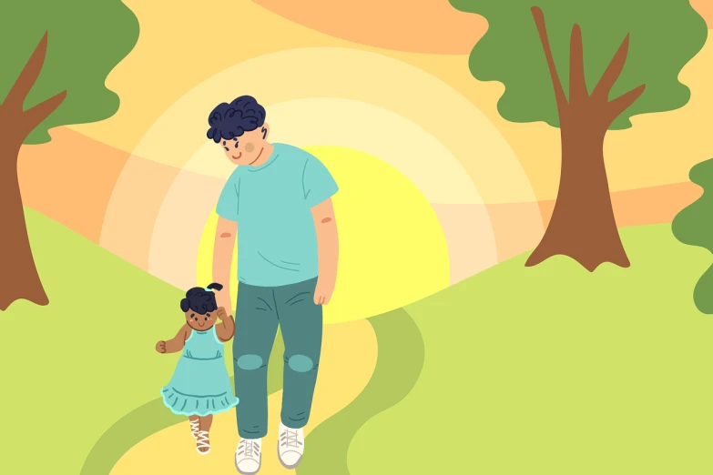 a man and a little girl walking down a path, an illustration of, naive art, clean lineart and flat color, man is with black skin, sunny park background, lgbtq