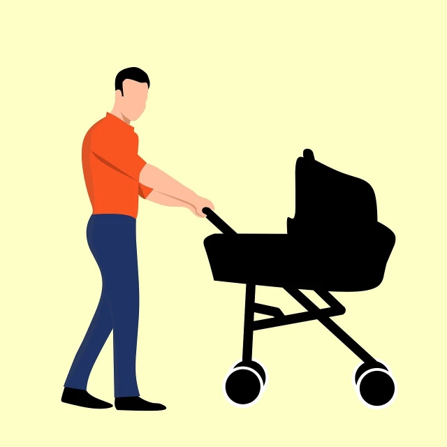 a man pushing a stroller with a baby in it, an illustration of, conceptual art, on a flat color black background, on a pale background, people at work, remove