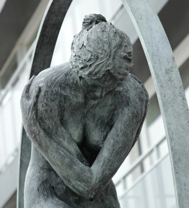 a close up of a statue of a woman, flickr, new sculpture, arched back, in despair, halo over her head, anton semonov