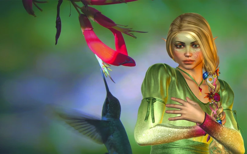 a woman in a green dress next to a hummingbird, a digital painting, inspired by Alison Kinnaird, trending on cg society, fantasy art, 4 k detail, stylized portrait h 640, vibrant setting, birds of paradise