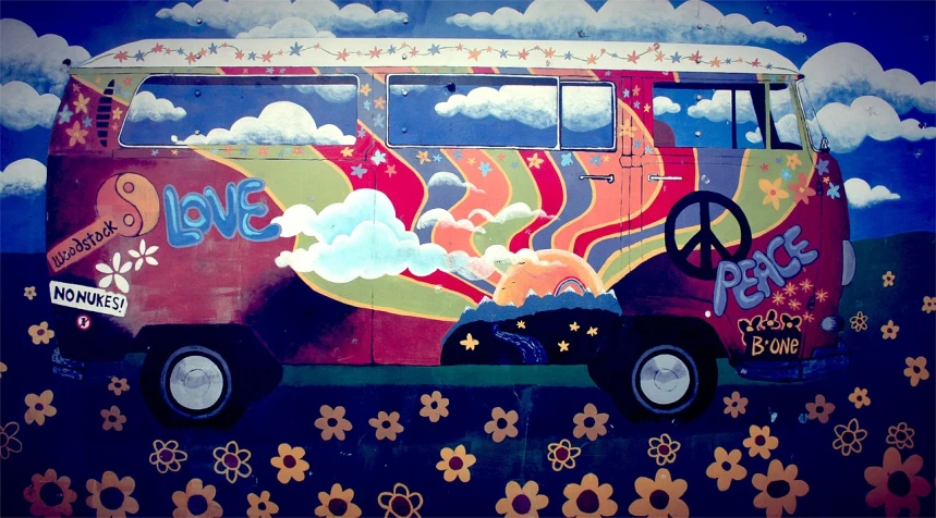 a van with a peace sign painted on the side of it, inspired by Peter Max, flickr, ultrafine detail ”, wallpaper”, view from the side”, jenny seville