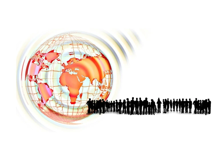 a group of people standing in front of a globe, an illustration of, communication, background is white, enhanced photo, an illustration