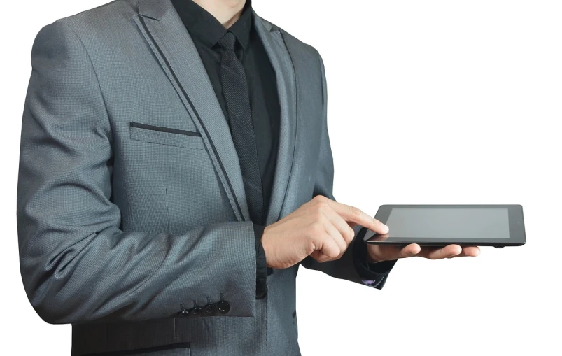 a man in a suit holding a tablet computer, pixabay, isolated on white background, high details on clothes, register, platforms