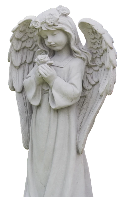 a statue of an angel holding a flower, a statue, by Marie Angel, fine art, full body and head view, -w 1024, dark vignette, folded arms