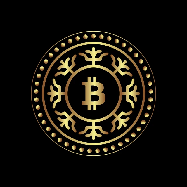 a gold bitcoin logo on a black background, baroque, treasures, family photo, celebrity, beautiful design