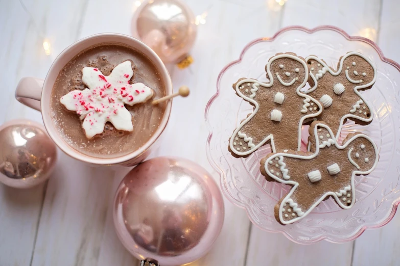 a cup of hot chocolate next to a plate of cookies, by Julia Pishtar, tumblr, glittering silver ornaments, gingerbread people, with soft pink colors, listing image