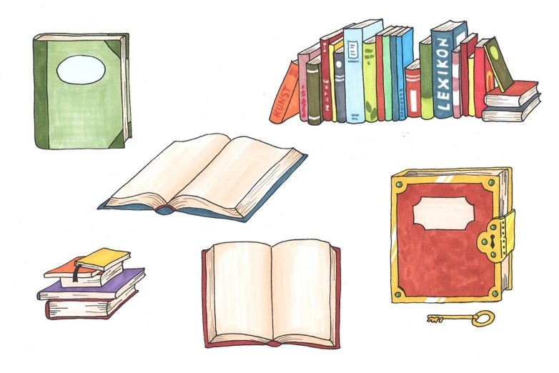 a bunch of books that are next to each other, a storybook illustration, items, color dnd illustration, the librarian, scanned