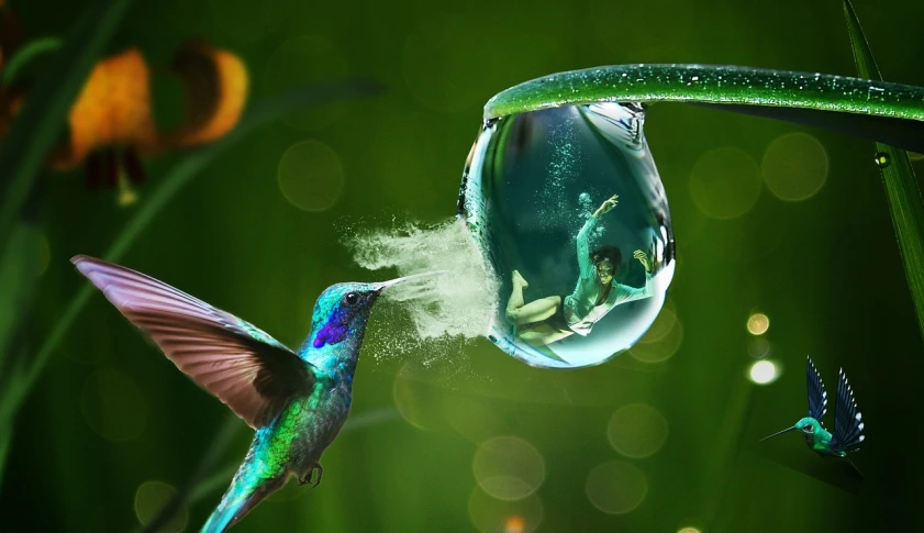 a close up of a bird near a water drop, inspired by Igor Zenin, hummingbirds, award-winning photo uhd, flying fairies, bubble