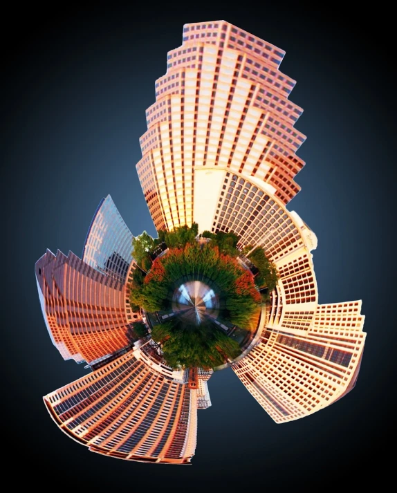 a view of a city from a bird's eye view, by Alexander Bogen, digital art, 8 mm extreme fisheye, abstract facades of buildings, orange planet, seattle