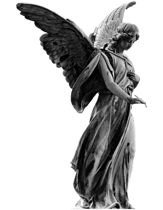 a black and white photo of a statue of an angel, a statue, by Bernard D’Andrea, featured on zbrush central, fine art, beautiful iphone wallpaper, standing with a black background, tomb, with beautiful wings