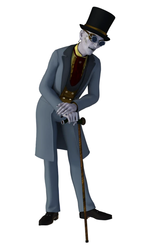 a man in a suit and top hat with a cane, inspired by Alfred Freddy Krupa, cg society contest winner, grey skinned, (mist), long boney limbs, disney render