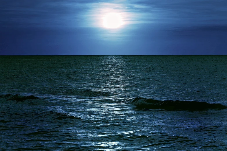 a full moon is shining over the ocean, a photo, inspired by Jan Rustem, shutterstock, romanticism, deep blue sea color, torment and waves, sun lit, dramatic”