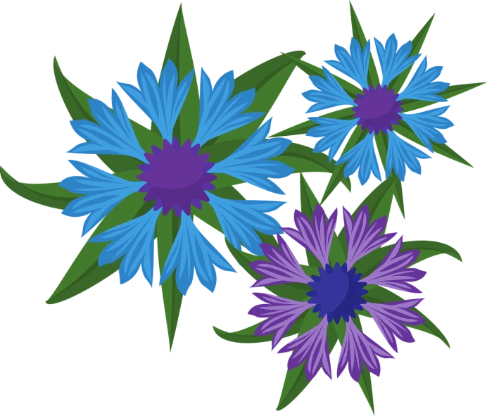 three purple and blue flowers on a black background, a digital painting, inspired by Maria Sibylla Merian, cutie mark, paint tool sai!! blue, ari aster, various posed