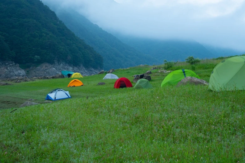 a group of tents sitting on top of a lush green field, by Muggur, flickr, japan deeper travel exploration, pretty face!!, in the rain in the early evening, coast