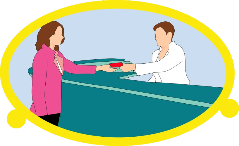 a woman shaking hands with a man at a counter, an illustration of, by Zoran Mušič, trending on pixabay, casino, pool, hunter, [ colourful