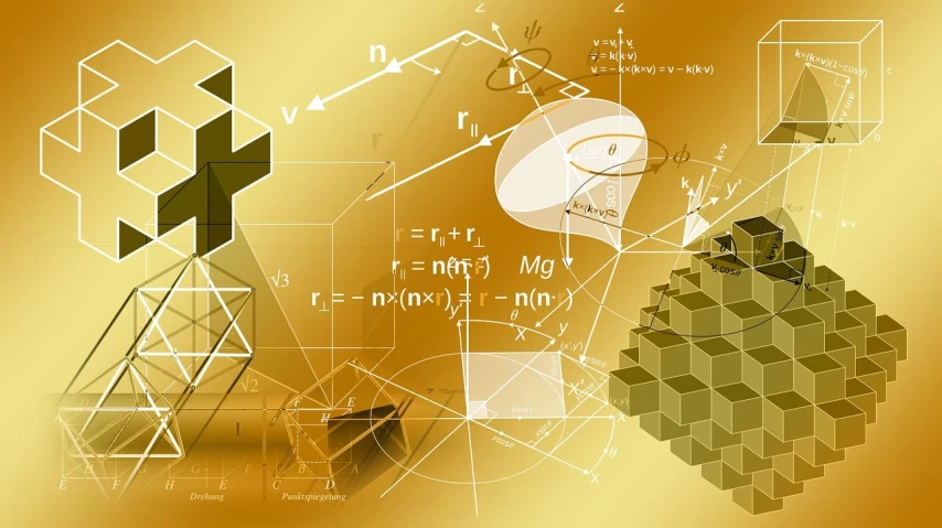 a man standing in front of a bunch of cubes, a digital rendering, digital art, math equations in the background, golden color scheme, vector images, brass equipment and computers