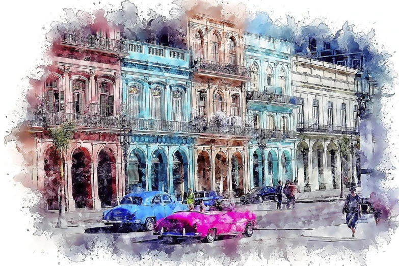 a couple of cars that are parked in front of a building, a digital painting, by Mario Dubsky, trending on pixabay, modern european ink painting, cuban women in havana, blue and pink colour splash, busy streets, vintage color photo