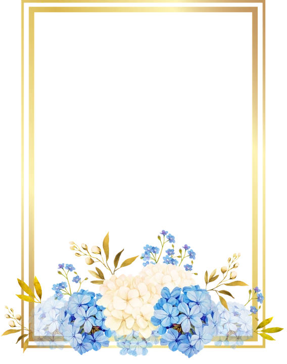 a gold frame with blue and white flowers, unsplash, sōsaku hanga, beautiful black blue yellow, hydrangea, high quality], tall flowers