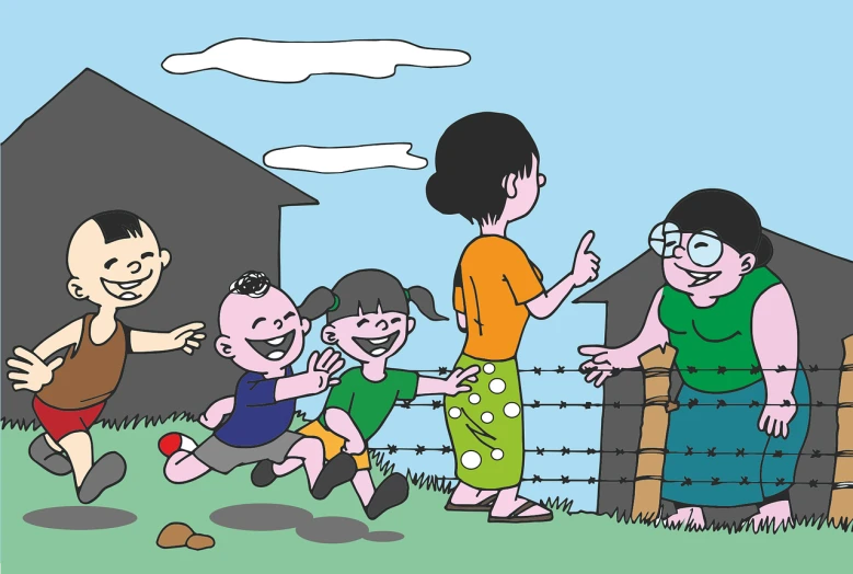 a group of children running around a fence, an illustration of, by Kogan Gengei, wikihow illustration, myanmar, parents watching, cartoon style illustration