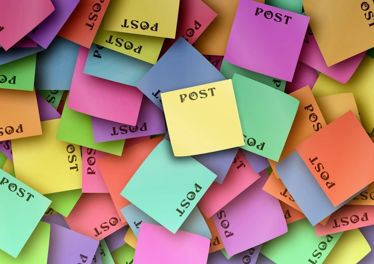 a pile of post it notes sitting on top of each other, a pastel, by Randy Post, trending on pixabay, words, post processed 4k, postage, no gradients