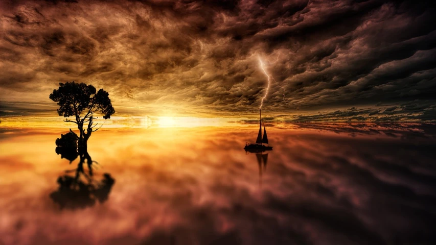 a boat floating on top of a body of water under a cloudy sky, a picture, romanticism, lightning background, sunset photo, sinking into madness, ultra hd wallpaper