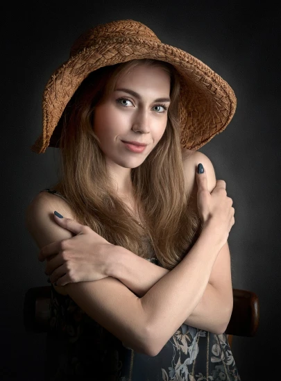 a beautiful young woman wearing a straw hat, a portrait, by Ivan Grohar, studio lighting 5 0 mm, semi realism, hands retouched, portrait of zelda