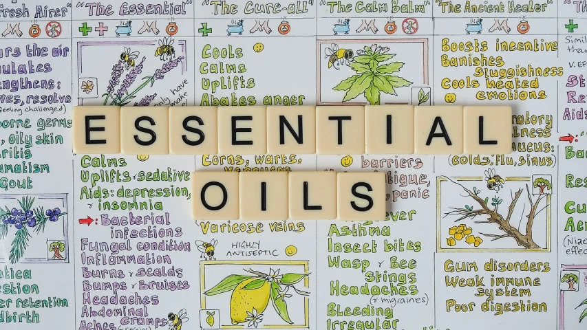 a scrabble board with the words essential oils on it, by Alison Watt, pixabay, naive art, botanical drawing, !!beautiful!!, 😃😀😄☺🙃😉😗, high detail!!