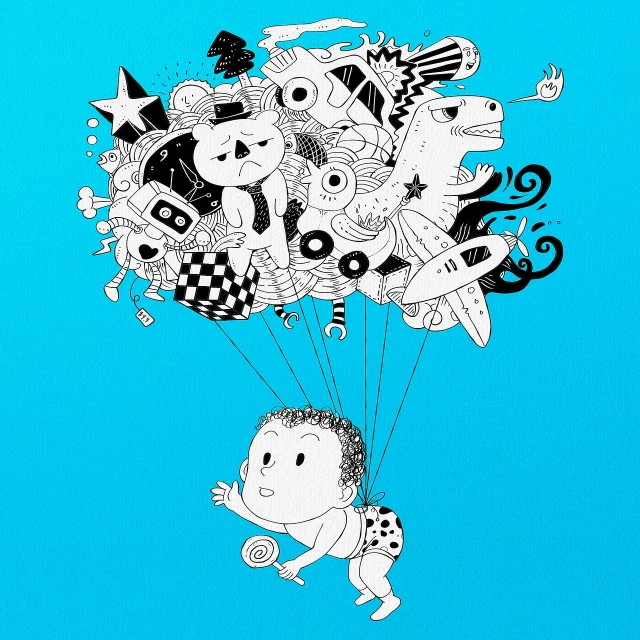 a drawing of a baby holding a bunch of toys, inspired by NEVERCREW, behance contest winner, dada, floating in mid - air, mcbess illustration, blues, as an air balloon