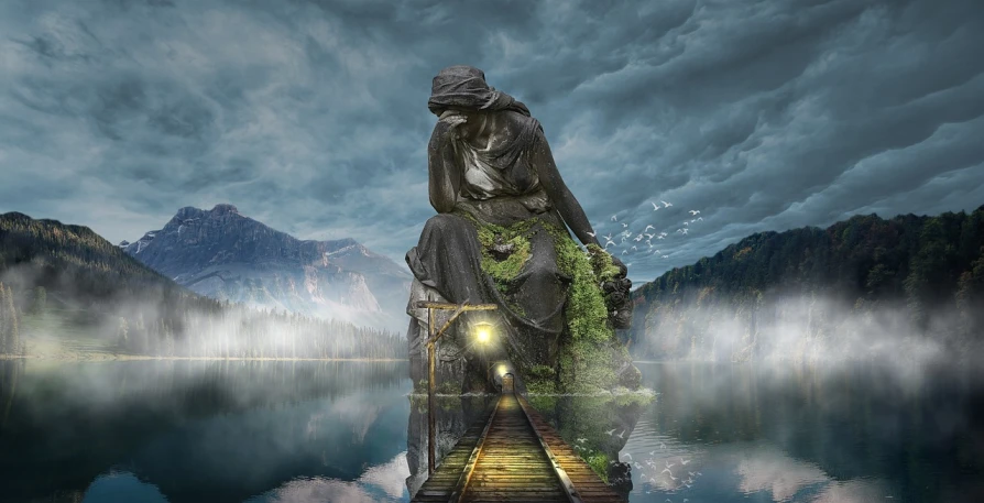 a statue sitting on top of a pier next to a body of water, fantasy art, somber colors, over detailed art, last photo