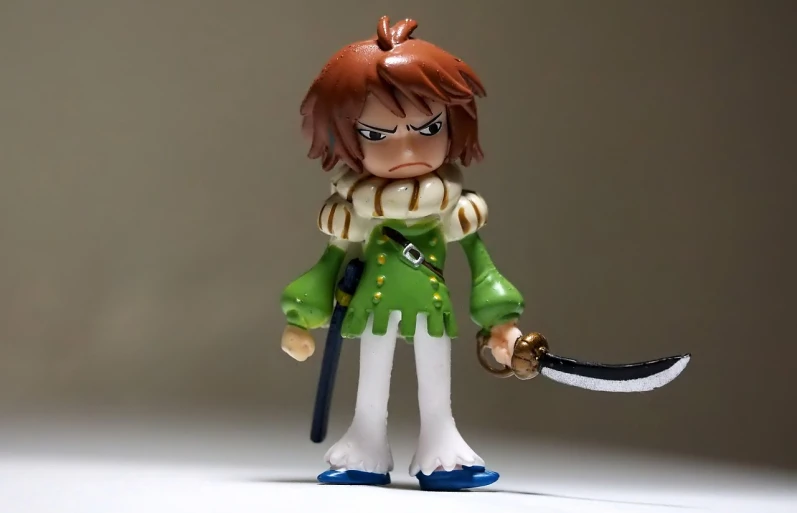 a close up of a figurine of a person with a sword, a picture, flickr, shin hanga, katekyo hitman reborn, shaggy, unhappy, mini figure