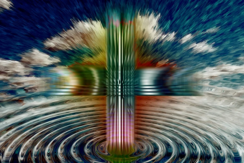 a cross in the middle of a body of water, digital art, by Jan Rustem, abstract illusionism, dynamic colorful background, with radiating hill, tabernacle deep focus, vertical portrait