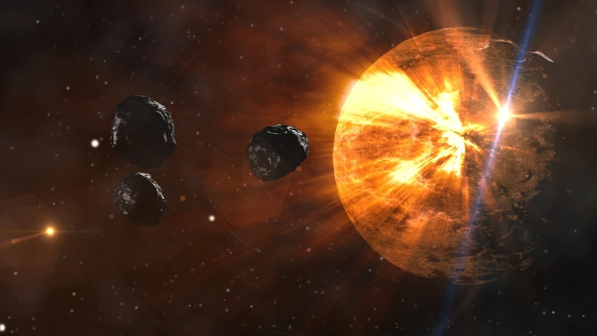 an artist's rendering of a planet with a star in the background, an illustration of, space art, asteroids, blocking the sun, nasa footage, detonation