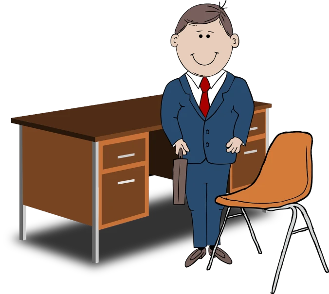 a man in a suit standing in front of a desk, an illustration of, clip-art, humorous illustration, full - length photo, illustration