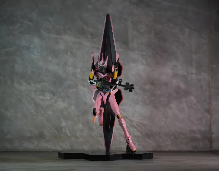 a close up of a statue of a person with a sword, a statue, inspired by Hirosada II, polycount, new sculpture, extreme gundam, pink and black, full body wide shot, seven pointed pink star