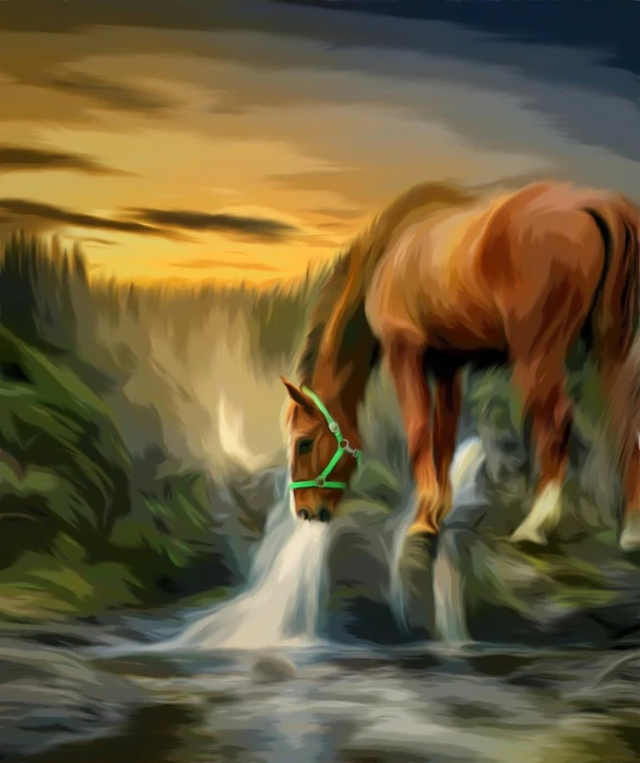 a painting of a horse drinking water from a stream, a digital painting, digital art, hdr photo, stylized as a 3d render, in the style of an oil painting, digital art but as photography