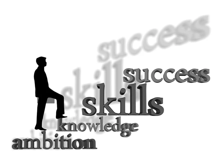 a silhouette of a man standing in front of the words success, skills, knowledge, ambition, a sketch, trending on pixabay, surrealism, skeletal, sitting, anatomy skills, siluettes