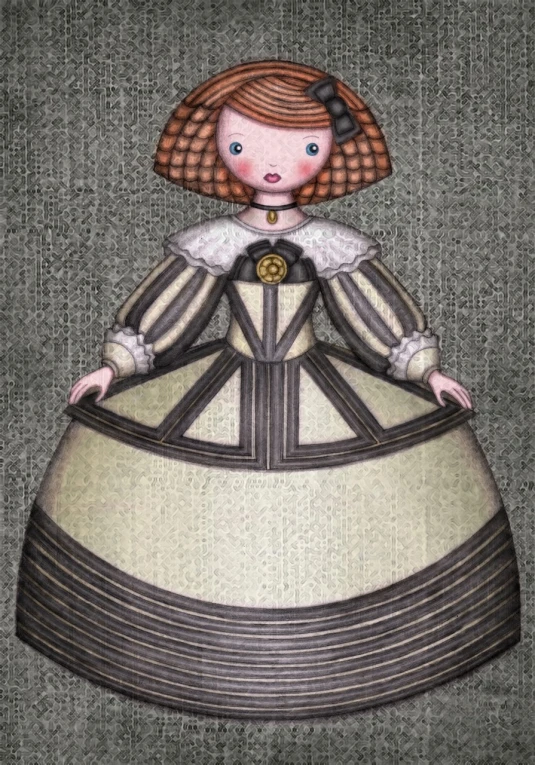 a paper doll of a woman in a dress, a character portrait, inspired by Pietro Longhi, digital art, young girl in steampunk clothes, wearing a tudor style dress, very grainy, grisaille