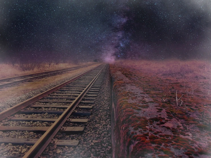 a train track in the middle of a field, a colorized photo, digital art, astral night sky background, purplish space in background, long distance photo, ((((dirt brick road))))