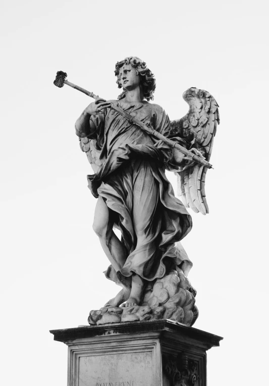 a black and white photo of a statue of an angel, a statue, by Michelangelo Unterberger, pexels, armed with edged weapons, miniature product photo, photoscanned, realistic 8k bernini sculpture