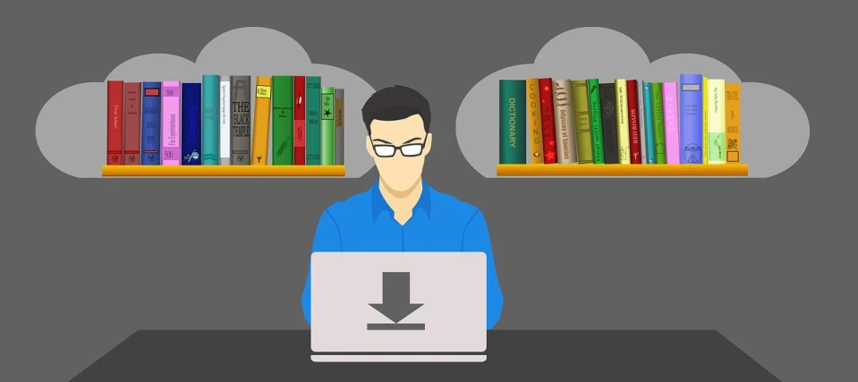 a man sitting in front of a laptop computer, an illustration of, trending on pixabay, computer art, bookshelves, cloud storage, there are two sides to the story, textbook page