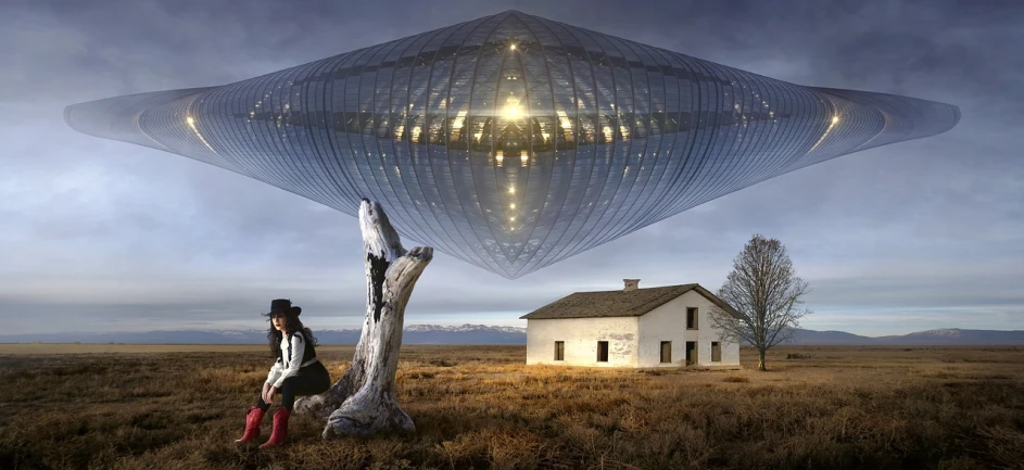 a woman standing in a field next to a house, inspired by Gediminas Pranckevicius, surrealism, glass spaceship, from a 2 0 1 9 sci fi 8 k movie, tic tac ufo, tom badshaw