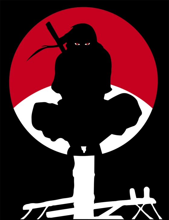 a black silhouette of a ninja with a red sun in the background, vector art, inspired by Shūbun Tenshō, anime key, movie poster with no text, donatello, in style the demon seated